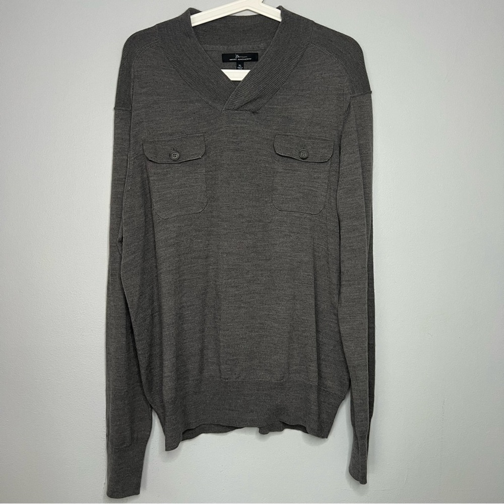 Marc Anthony Pullover Sweater Mens XL  Gray Merino Wool Blend Shawl Collar